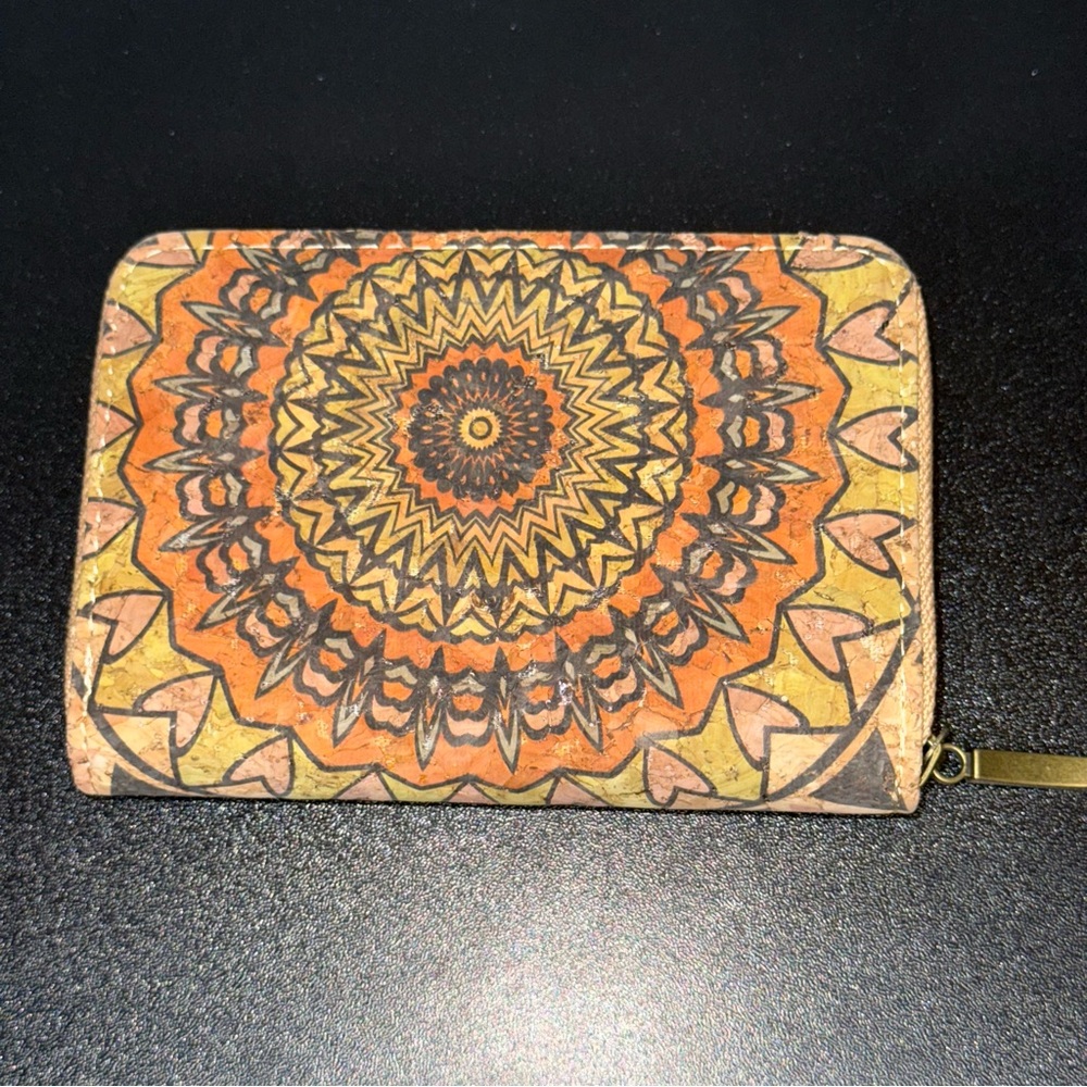Boho Mandala Patterned Women's Natural Cork Zipper Wallet NWOT